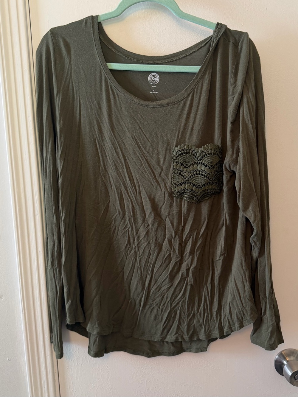 SO Olive Green Long Sleeve Scoop Neck Top with Lace Pocket
